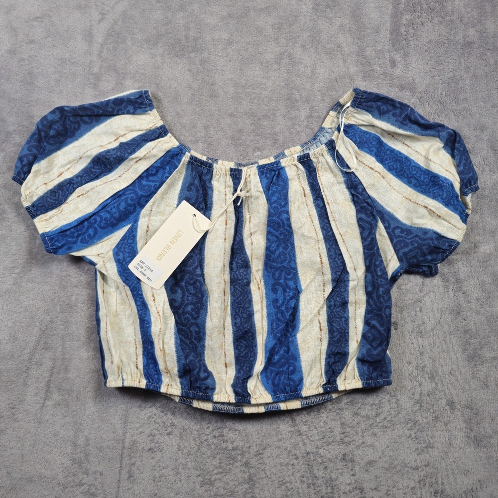 Bella Umbra Linen Blend Crop Top Womens Small Blue White Boho Coastal Italy NWT